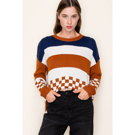 COLORBLOCK CHECKERBOARD WIDE CREW NECK LONG SLEEVE PULLOVER