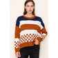 COLORBLOCK CHECKERBOARD WIDE CREW NECK LONG SLEEVE PULLOVER