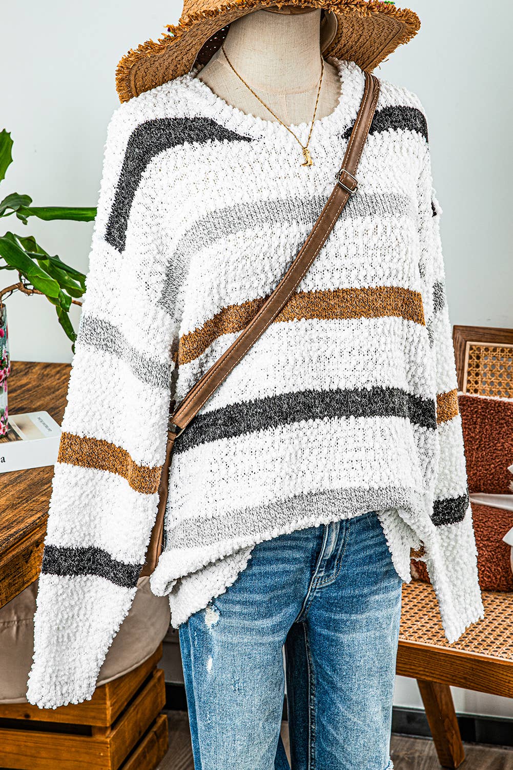 Striped Popcorn Knit Sweater