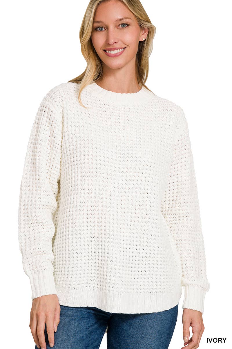 Hi Low Long Sleeve Round Neck Waffle Sweater