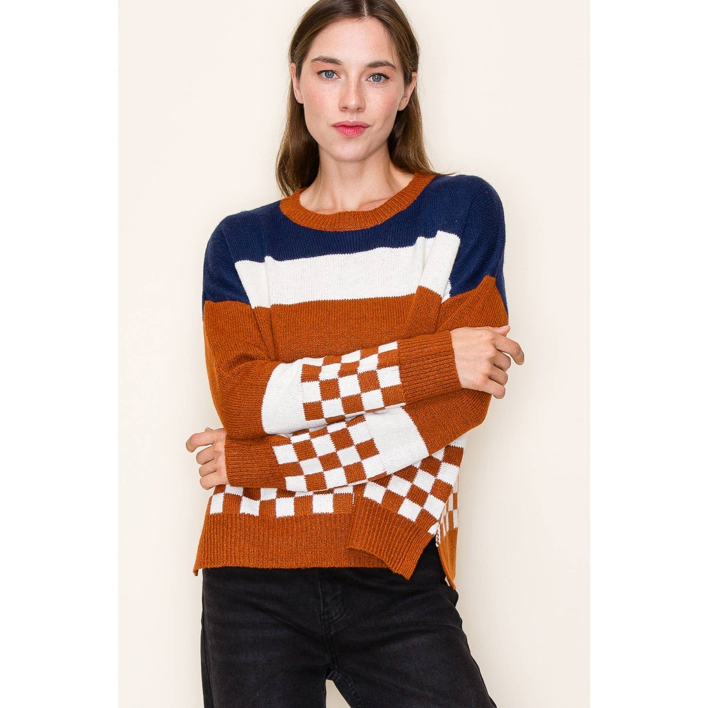 COLORBLOCK CHECKERBOARD WIDE CREW NECK LONG SLEEVE PULLOVER