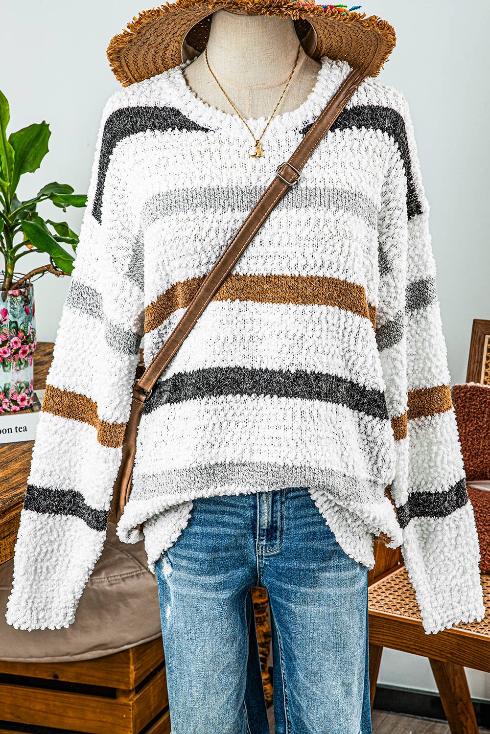 Striped Popcorn Knit Sweater